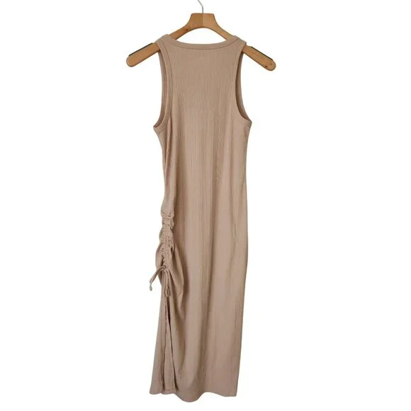 Aerie Beige Ribbed Ruched Fitted Midi Tank Dress Summer Beach Vacation Sexy Glam - Picture 2 of 8